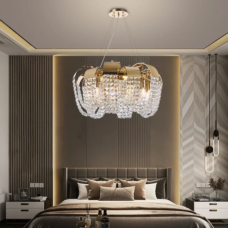 Modern Gold Crystal Chandelier LED Light Fixture Luxury Living Room Decor