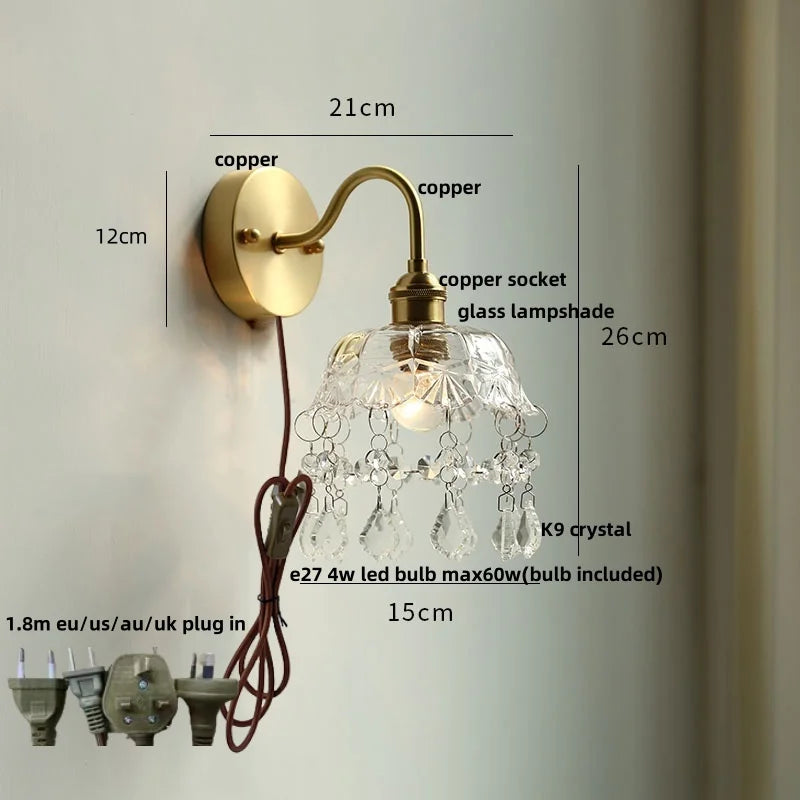 Green Class Ball LED Wall Light Fixture, Copper Socket, Pull Chain Switch