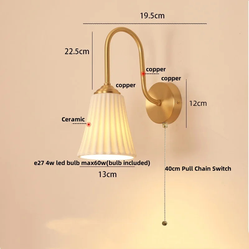 Glass LED Wall Sconce Pull Chain Switch Copper Nordic Stair Light