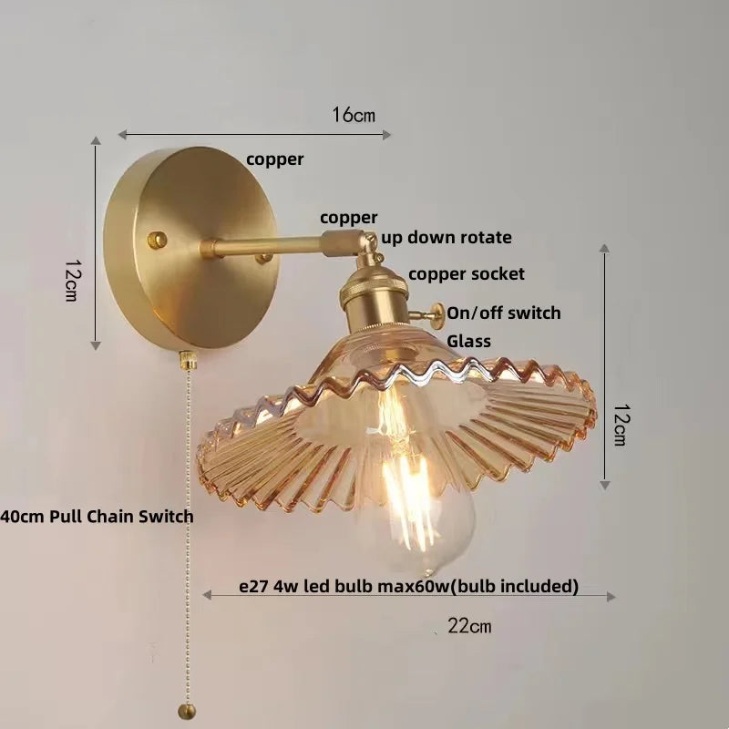 Vintage Green Glass LED Wall Light with Pull Chain Switch