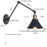 Gold Long Arm LED Wall Sconce with Pull Chain Switch, Adjustable Industrial Bedside Lamp