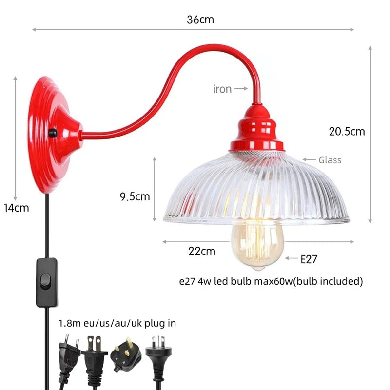 Vintage Loft LED Wall Lamp Red Clear Glass Stair Light