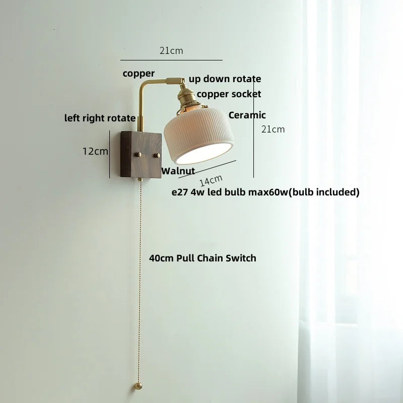 Afralia™ Globe Ceramic Walnut Wood Wall Light with Pull Chain Switch and Rotatable Design