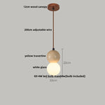 Yellow Travertine Wood Canopy Pendant Lights - Japanese Style Adjustable Globe LED Hang Lamp