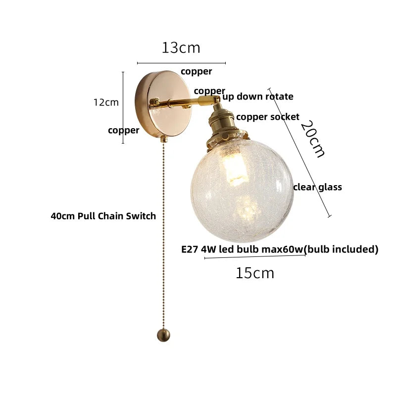 Glass Bedside Sconce: Modern Nordic LED Wall Light with Pull Chain Switch