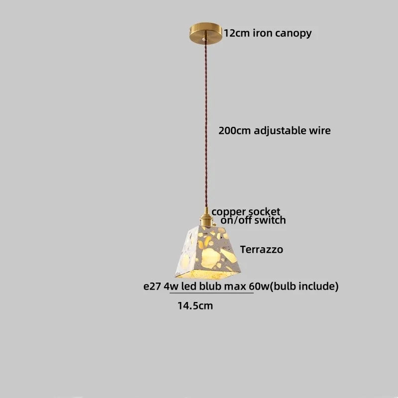 Terrazzo Brown Wood LED Pendant Light Fixture Stone Hanging Lamp