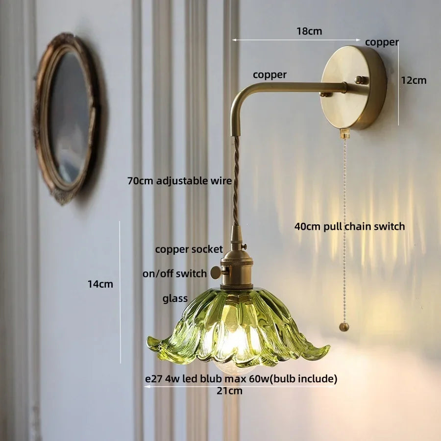 Glass & Copper Green Flower LED Wall Sconce with Pull Chain