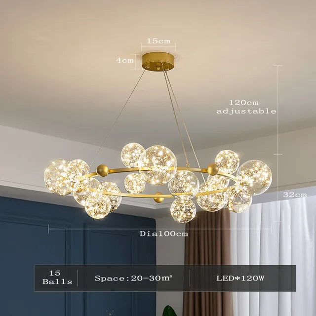 Golden Ring Glass Ball Chandelier with Remote Control for Living Dining Room