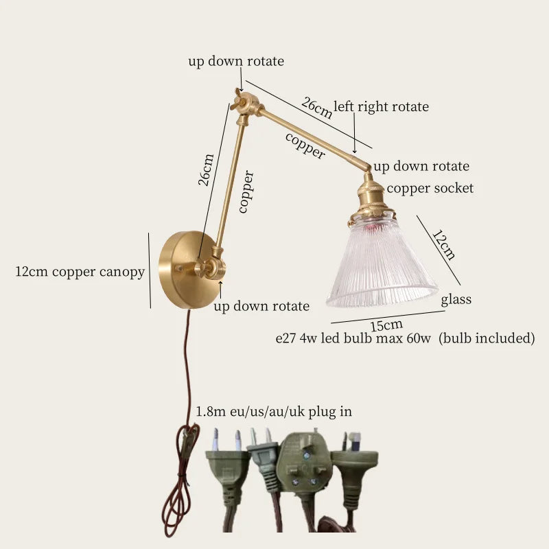 Afralia™ Cream Resin LED Wall Lights with Pull Chain Switch - Vintage Copper Bedside Lamp