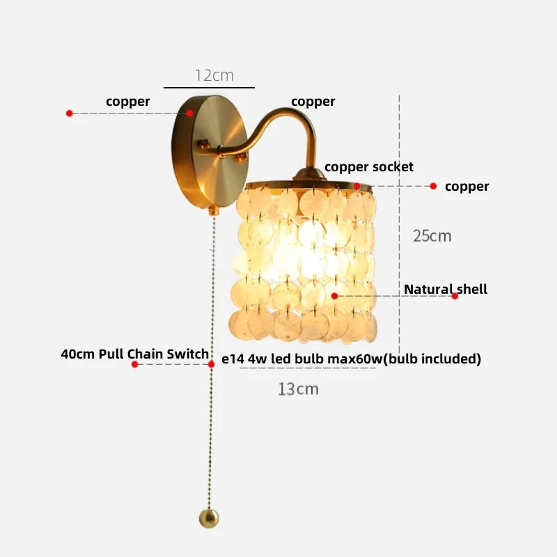 Vintage Crystal LED Wall Lights Pull Chain Switch Copper E14 Stair Fixtures