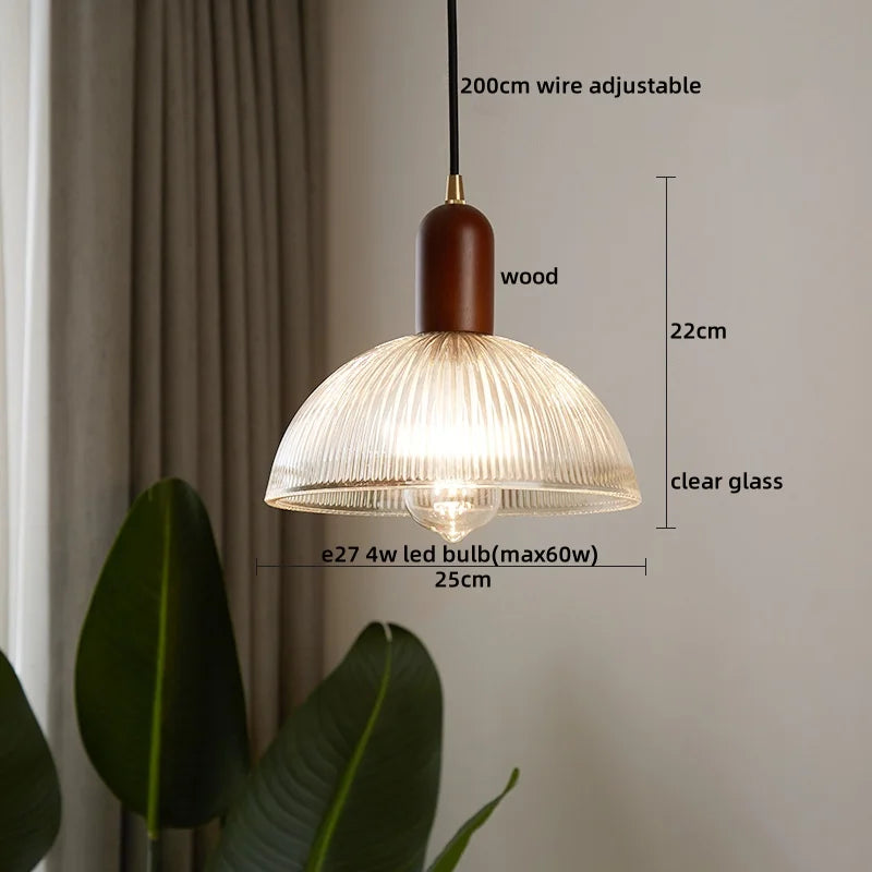 Wood Glass LED Pendant Light Suspension Luminaire for Home Decor