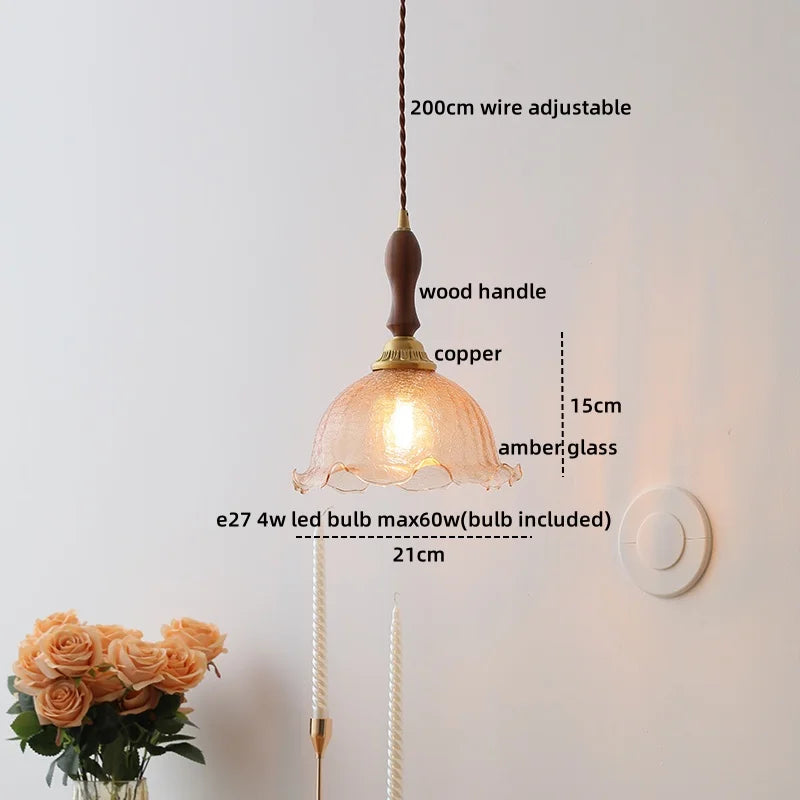 Wood Copper LED Pendant Light - Nordic Hanging Lamp for Bedroom Dining Hallway