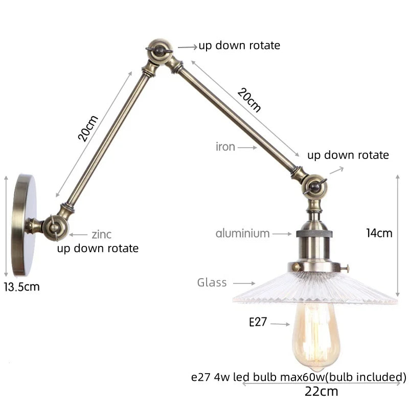 Vintage Clear Glass LED Wall Lamp, Industrial Pull Chain Switch, Adjustable Light Fixtures