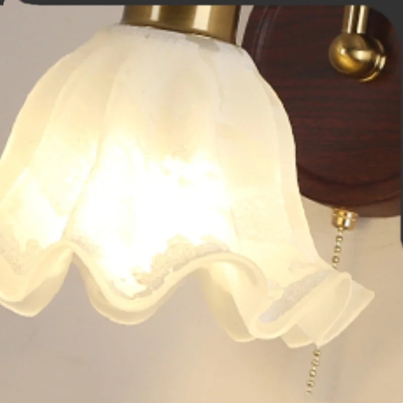 Afralia™ LED Wall Light Glass Fixture Pull Chain Switch Wood Bedside Sconce