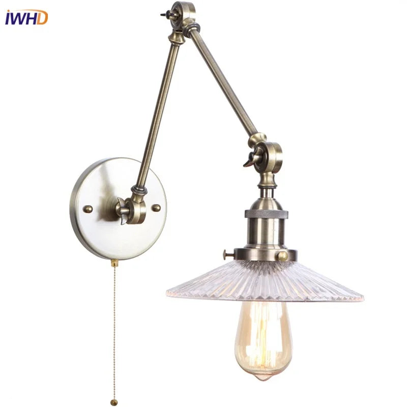 Vintage Clear Glass LED Wall Lamp, Industrial Pull Chain Switch, Adjustable Light Fixtures