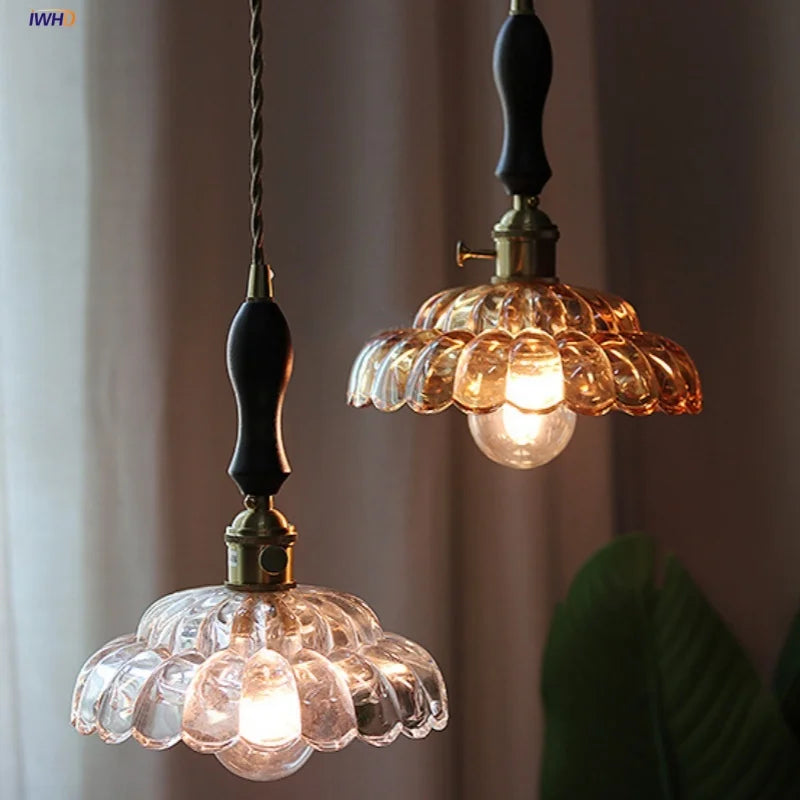 Amber Glass Walnut Wood LED Pendant Lamp with Copper Knob Switch