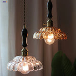 Amber Glass Walnut Wood LED Pendant Lamp with Copper Knob Switch