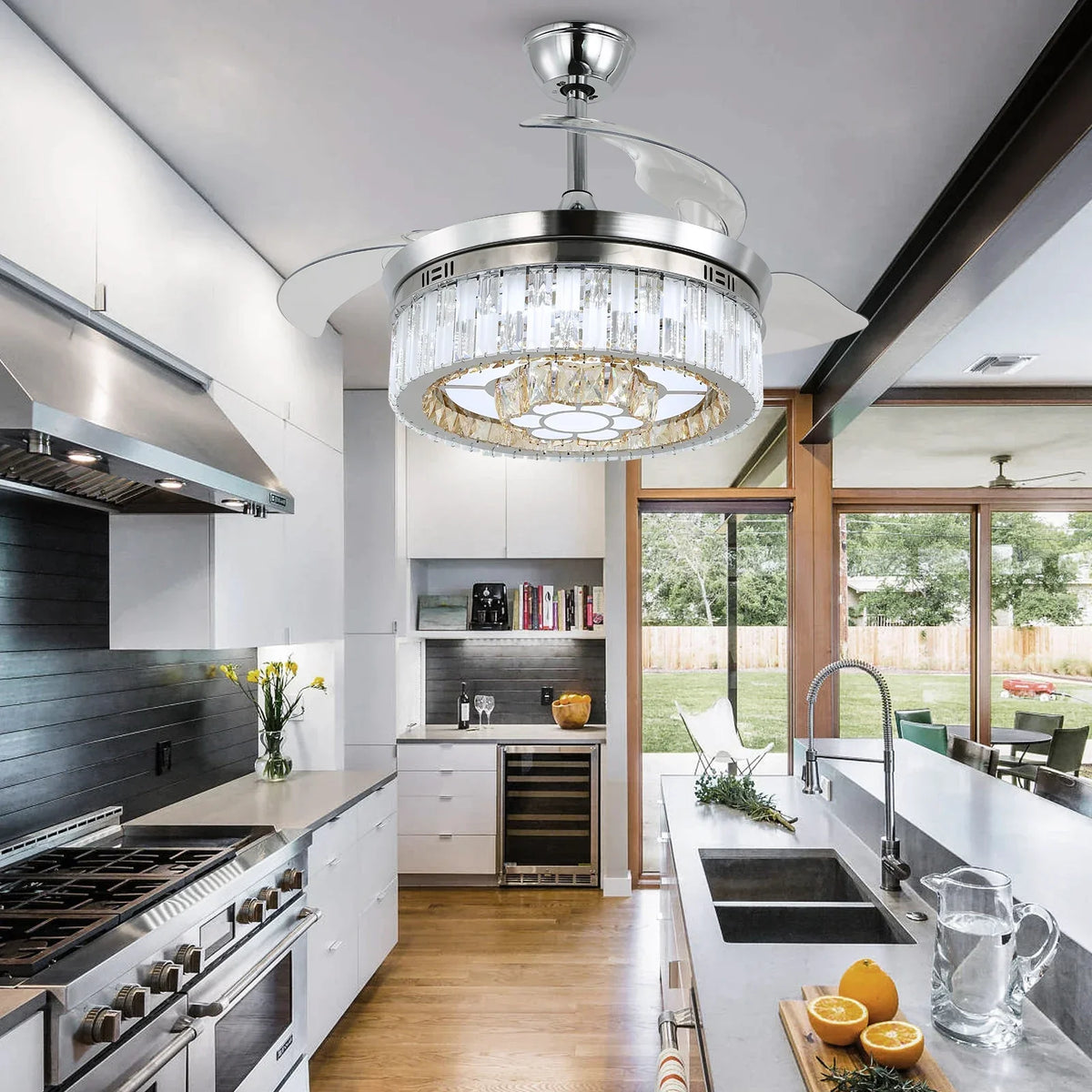 Modern Crystal Chandelier Fan with Retractable Blades and Dimmable LED Light