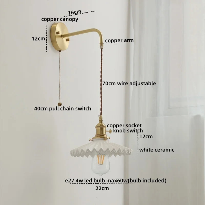 Ceramic Copper LED Wall Lamp with Pull Chain Switch for Modern Style Interiors