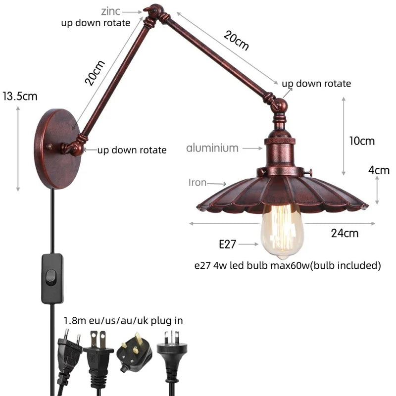 Industrial Rustic LED Wall Sconce, Long Arm Vintage Iron Light Fixture