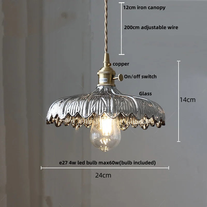 Amber Glass Walnut Wood LED Pendant Lamp with Copper Knob Switch