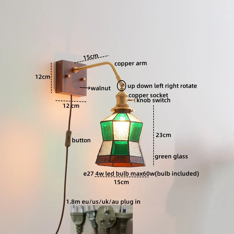 Walnut Copper LED Wall Lights Fixture with Pull Chain Switch - Modern Bedside Lamp