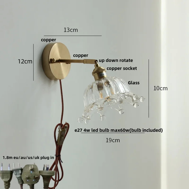Afralia™ Flower Glass LED Wall Light - Vintage Rotate Copper Bedside Lamp
