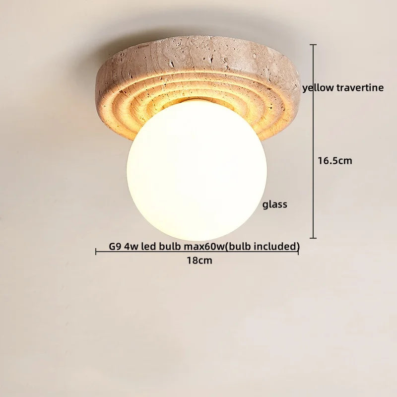 Yellow Travertine LED Ceiling Lamp Wood Canopy Nordic Modern Light Fixture