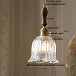 Walnut Wood LED Pendant Light Fixture with Glass Lampshade and Knob Switch