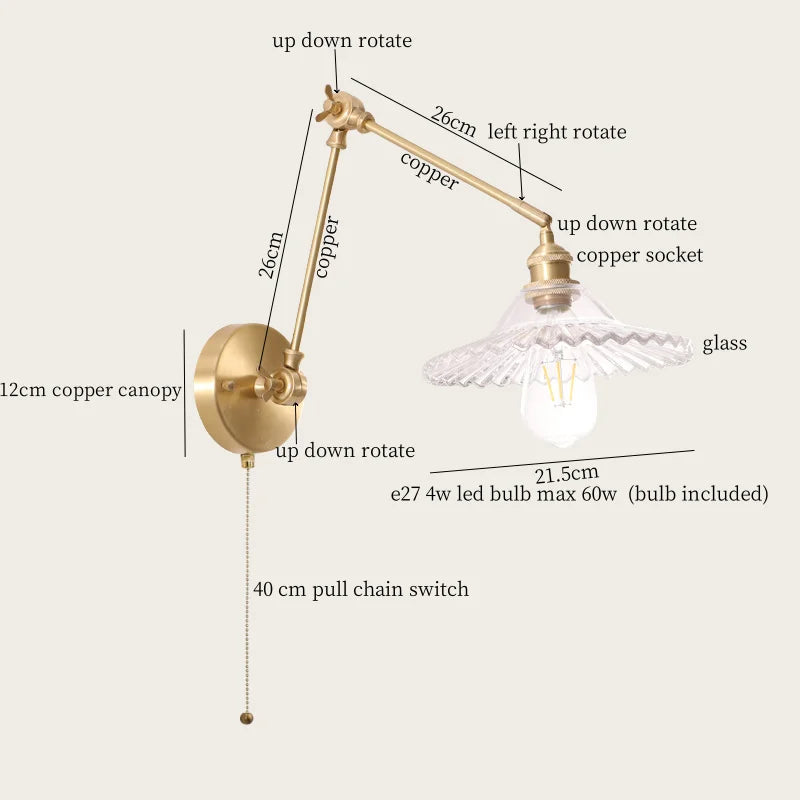 Afralia™ Cream Resin LED Wall Lights with Pull Chain Switch - Vintage Copper Bedside Lamp