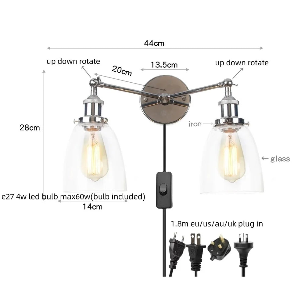 2 Head LED Wall Lamps Iron Glass Bedroom Stair Light Fixtures