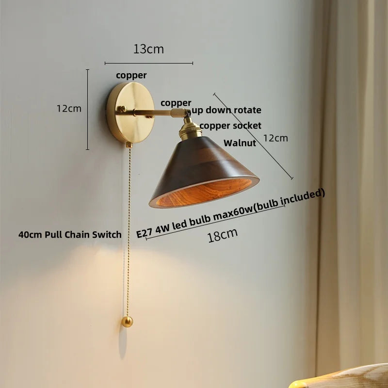 Walnut Wood LED Wall Light Fixture with Pull Chain Switch, Rotating Up Down Design