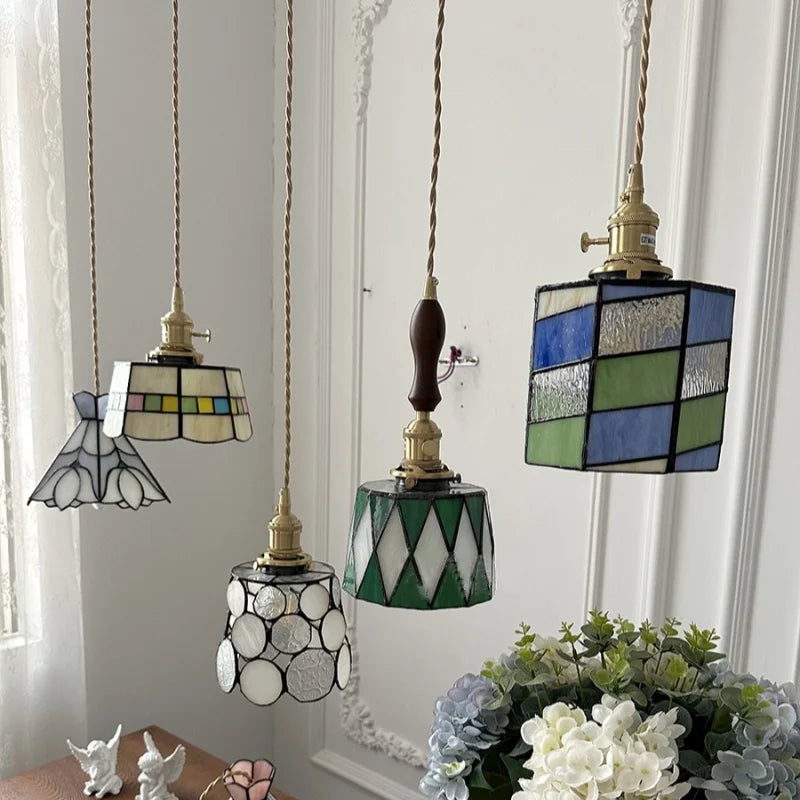 LED Glass & Wood Pendant Lamp Vintage Copper Hanging Lights