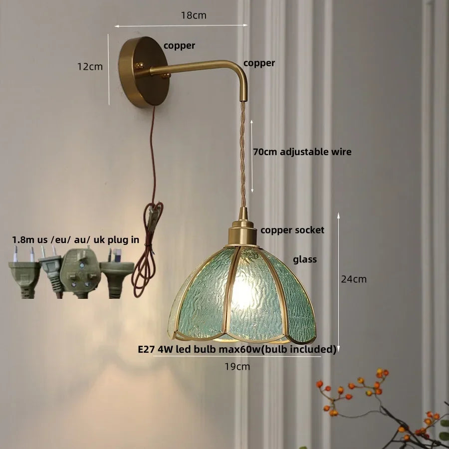 Tiffany Glass LED Wall Sconce Pull Chain Switch Bedroom Foyer Lamp