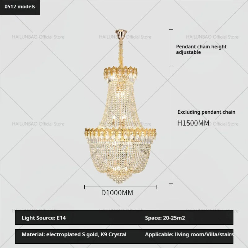 Crystal Chandelier: Luxury Duplex Hotel Living Room Stairwell Design