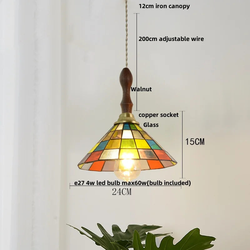 Afralia™ Magic Cube LED Pendant Lights Glass Walnut Wood Tiffany Style Hang Lamp