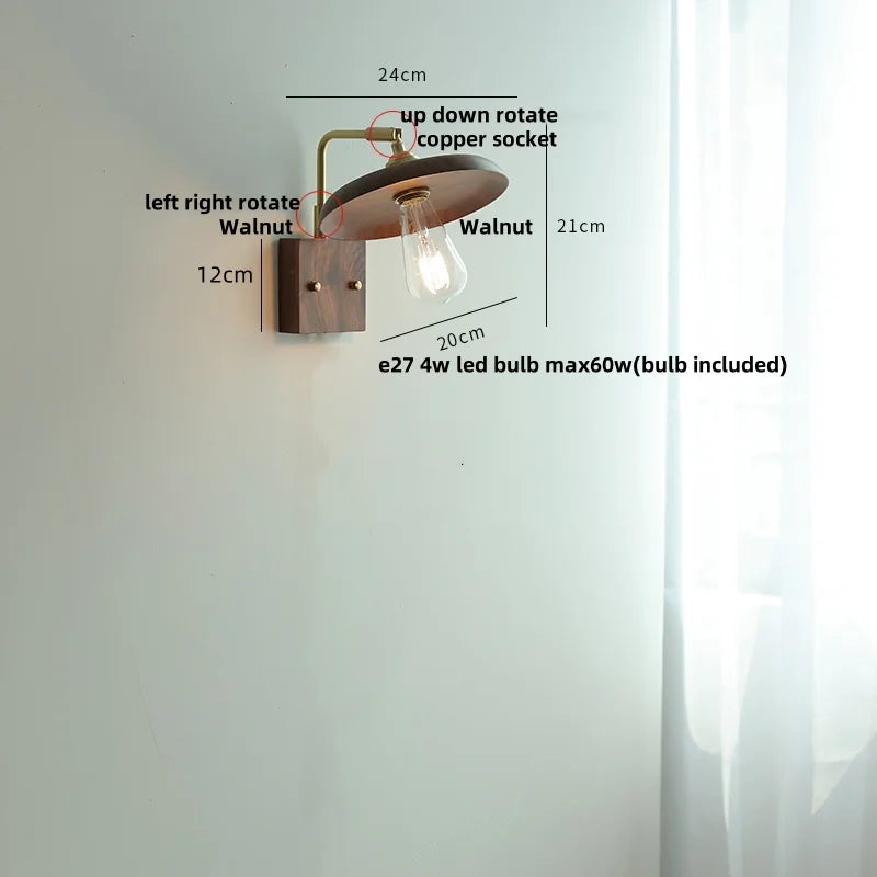 Walnut Wood LED Wall Sconce, Copper Toggle Switch, Vintage Loft Style