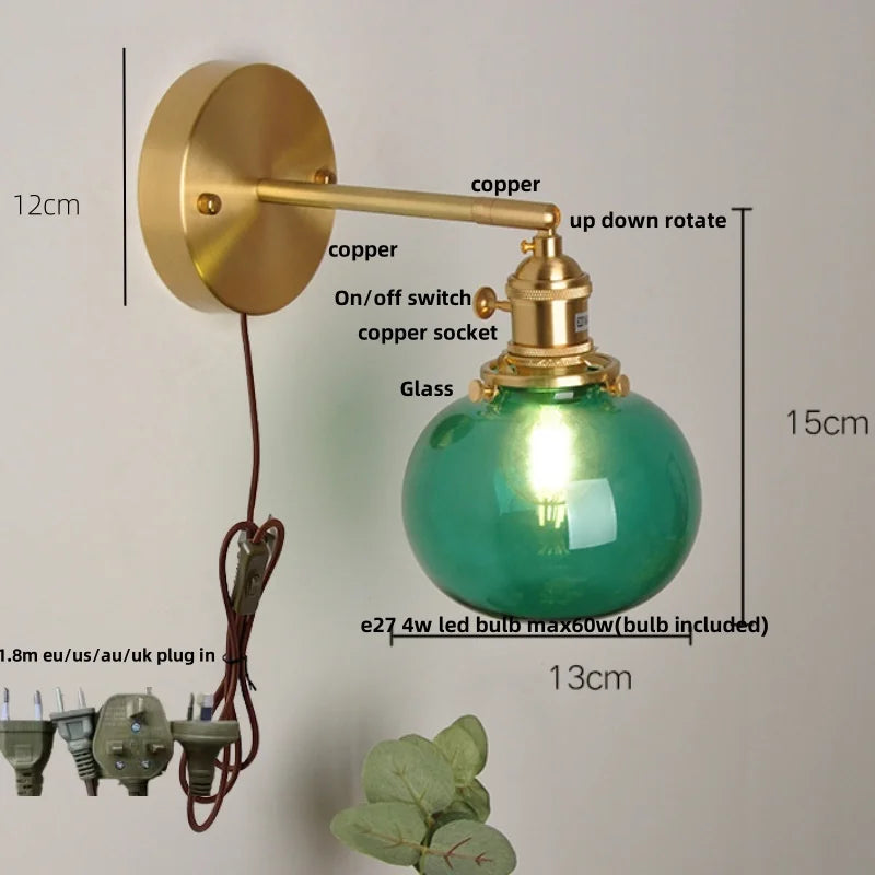 Afralia™ Vintage Blue Glass LED Wall Lamp, Pull Chain Switch, Stair Light Fixtures