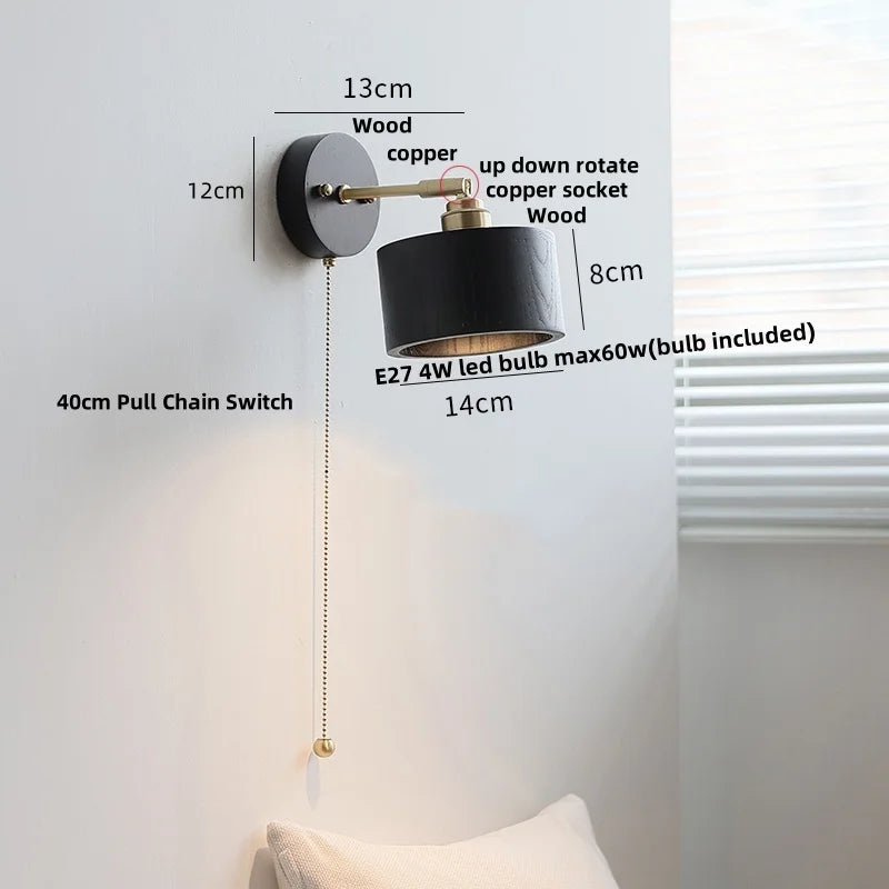 Wood Copper Wall Sconce Modern LED Fixture Bedside Lamp Bar Rotate Black
