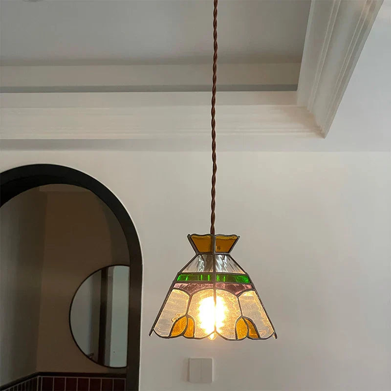 Tiffany Style Glass LED Pendant Lights with Walnut Wood and Adjustable Wire
