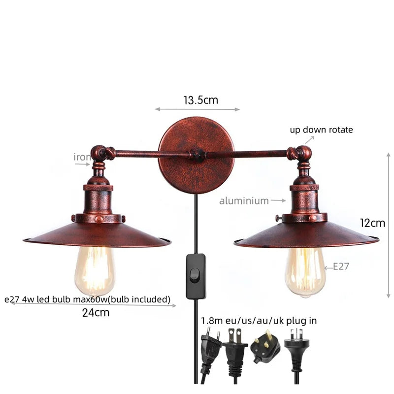 Adjustable Rustic LED Wall Lamp Antique Industrial Style Iron Vintage Lightings