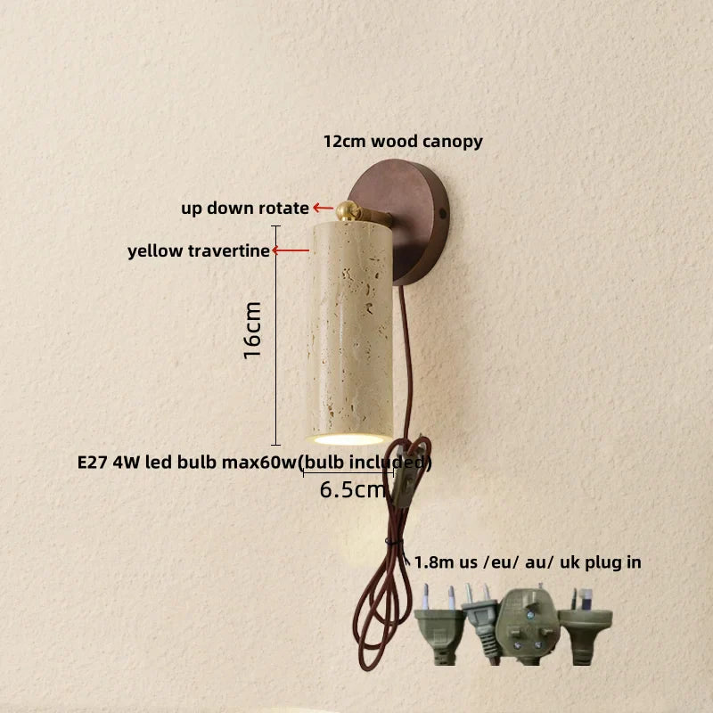 Yellow Travertine LED Wall Lamp with Pull Chain Switch, Japanese Style, Rotate Stair Light