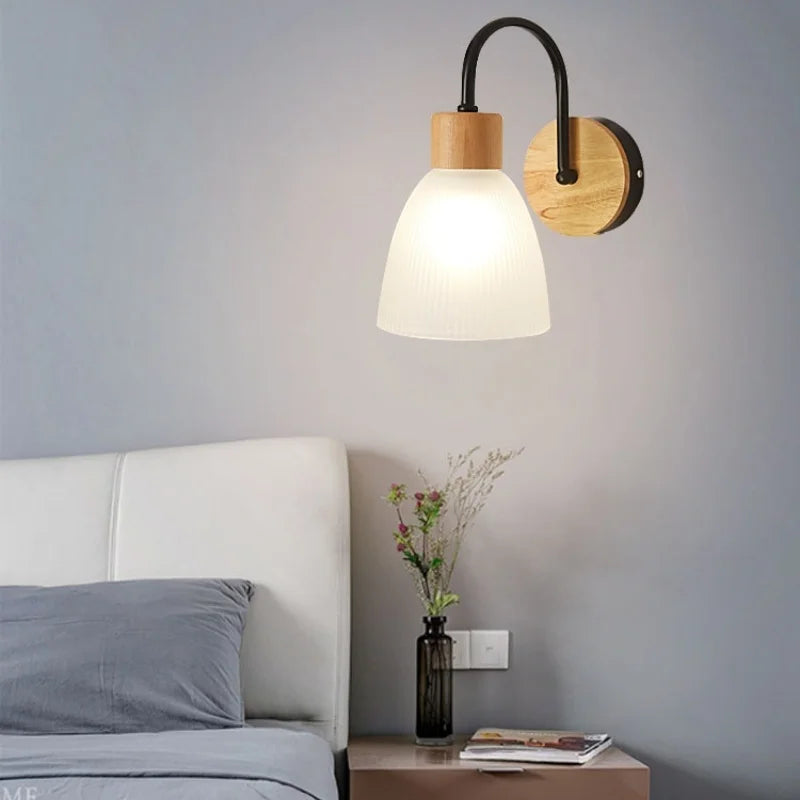 Afralia™ Wood Base Glass LED Wall Sconce Modern Bathroom Light Fixture