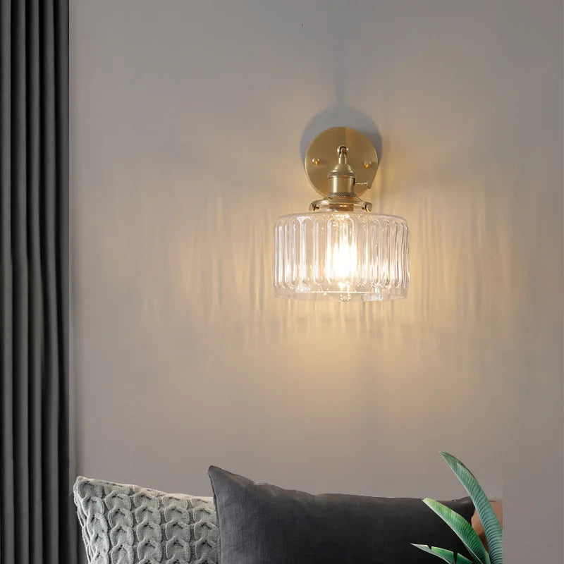 Copper Pull Chain LED Wall Light with Clear Glass Rotate Bedside Lamp