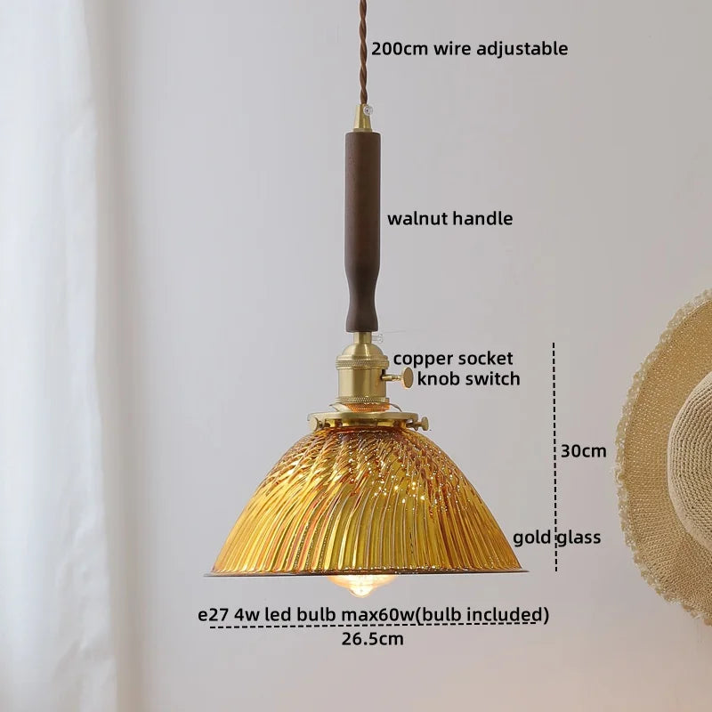 LED Walnut Copper Pendant Light with Knob Switch - Modern Style Lighting Fixtures