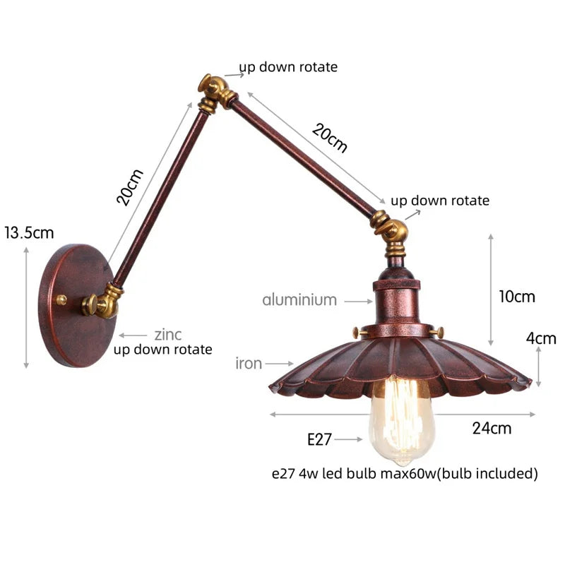 Afralia™ Gold LED Industrial Wall Lamp with Pull Chain Switch