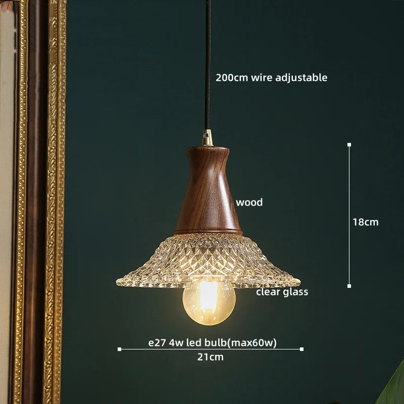 Wood Glass LED Pendant Lights Modern Hanging Lamp for Kitchen Living Room
