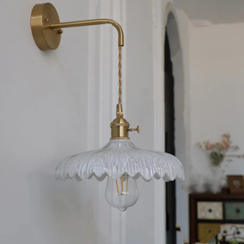 Amber Vintage LED Wall Light Glass Copper Pull Chain Switch Hallway Lamp
