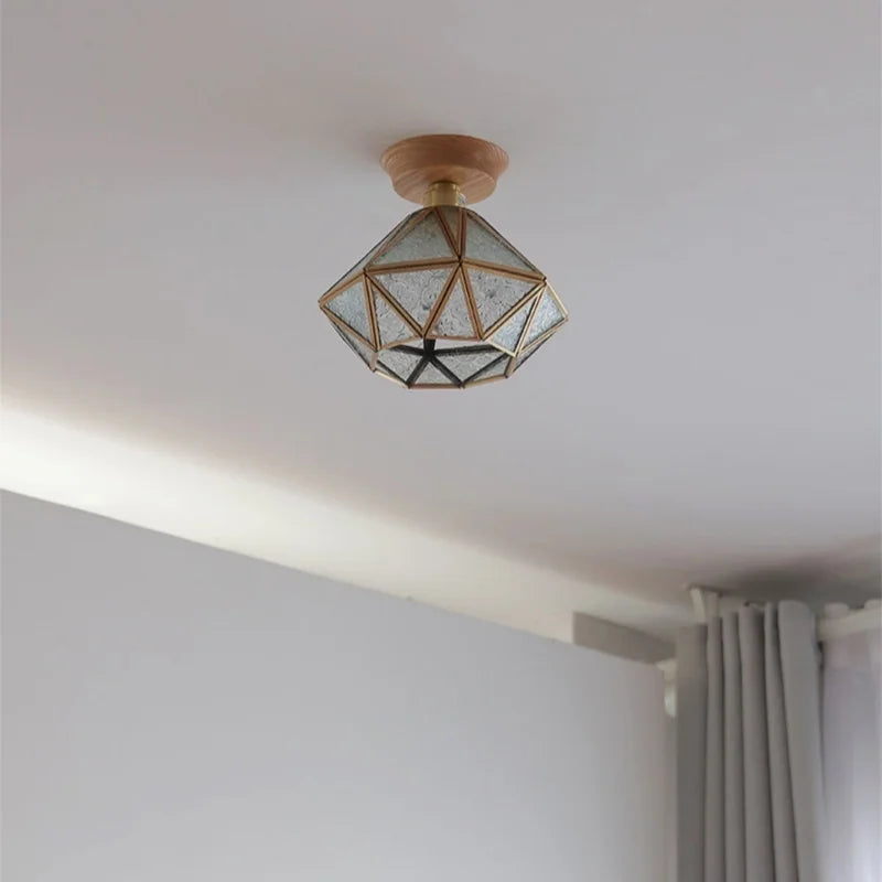 Tiffany Glass Copper Ceiling Lights Wood Ash LED Lamp Japan Style