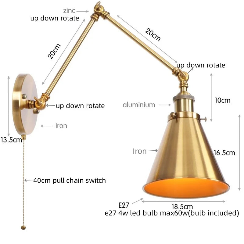 Vintage Iron Gold LED Wall Lamp with Long Arm and Pull Chain Switch